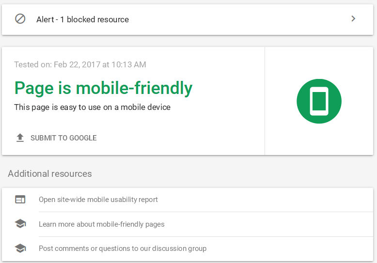 Screenshot of Mobile Usability feature & report